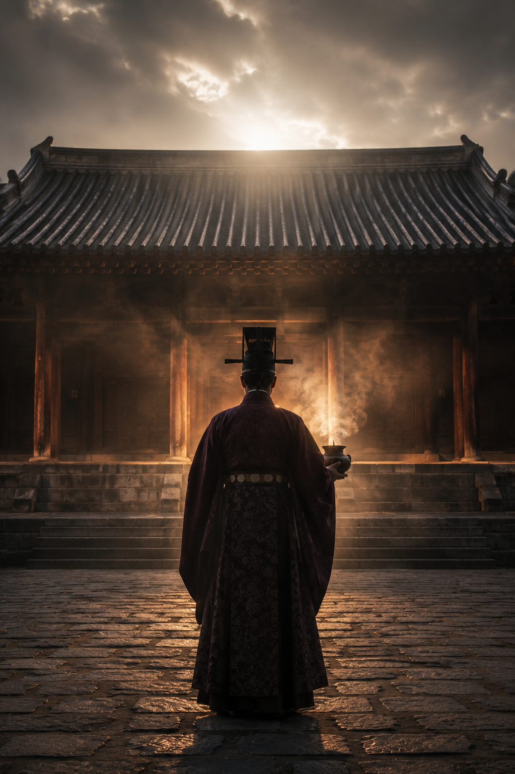 정전의 긴 지붕 아래 AI 재현 이미지