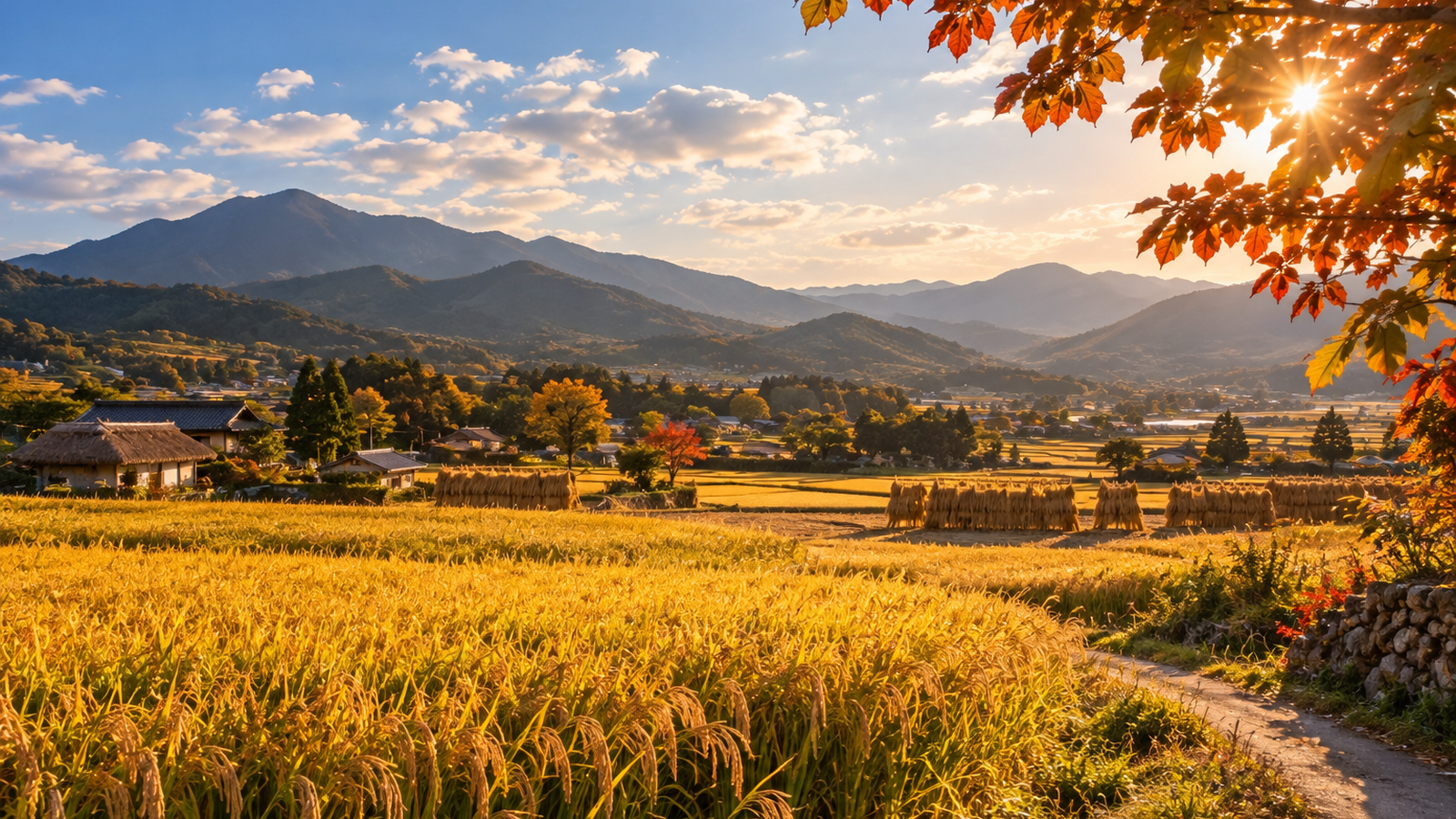 추분 시기의 황금빛 벼논과 가을 산촌 풍경